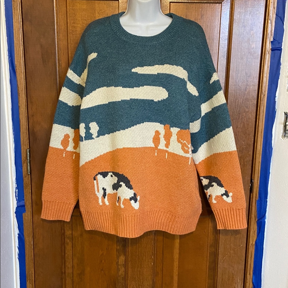 Aelfric Eden “Cow In Pasture” Prairie knit Sweater UNISEX Whimsical Size X Large - Picture 2 of 8